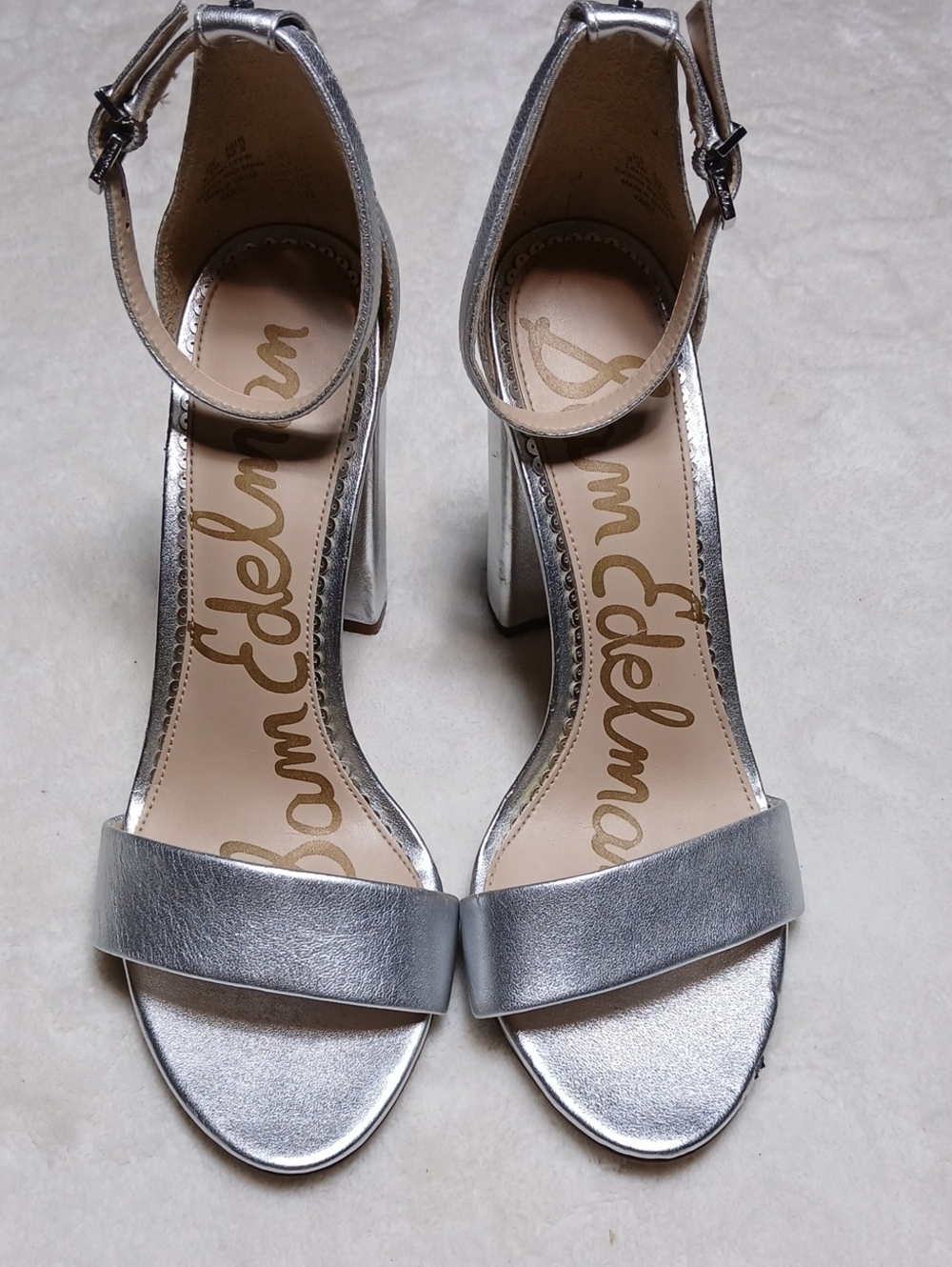 Sam Edelman Silver Metallic Ankle-Strap Block Heels Size 8.5